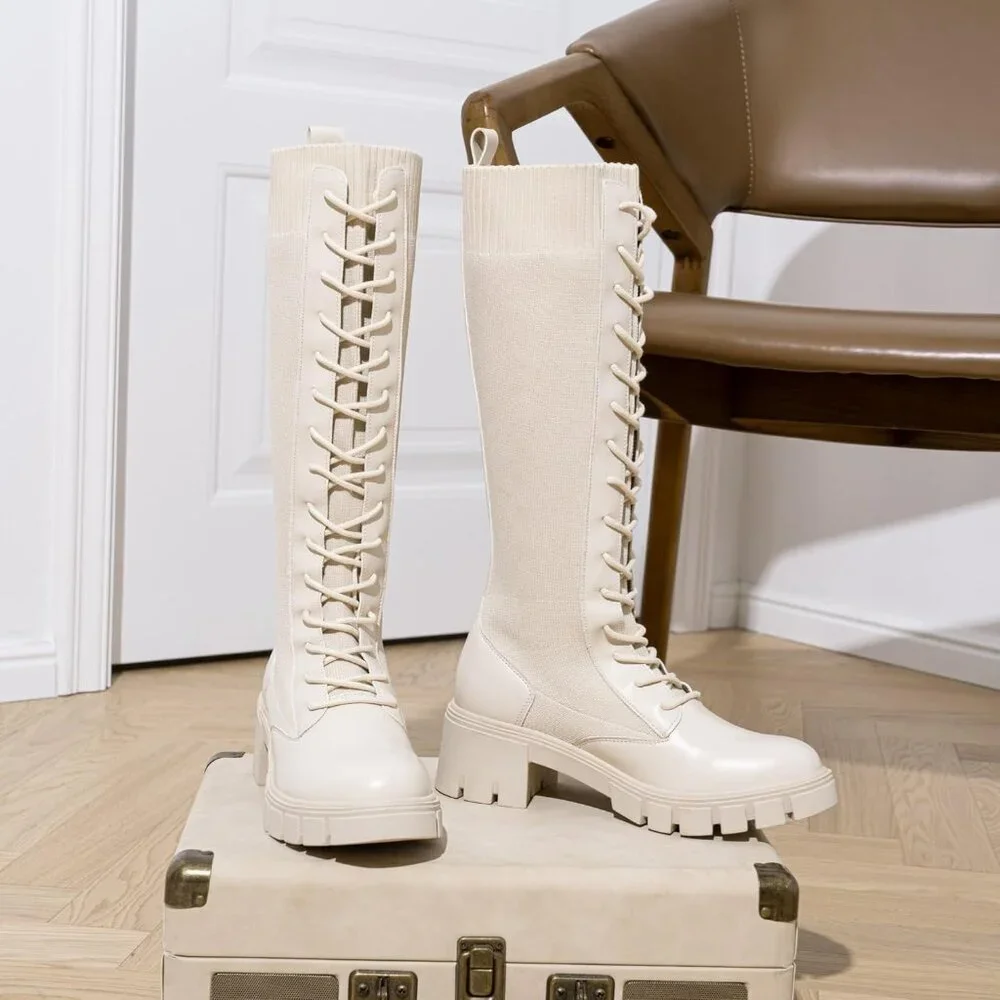 Women's Beige 953 Chunky Platform Heel Lace Gothic Knee High Combat Boots